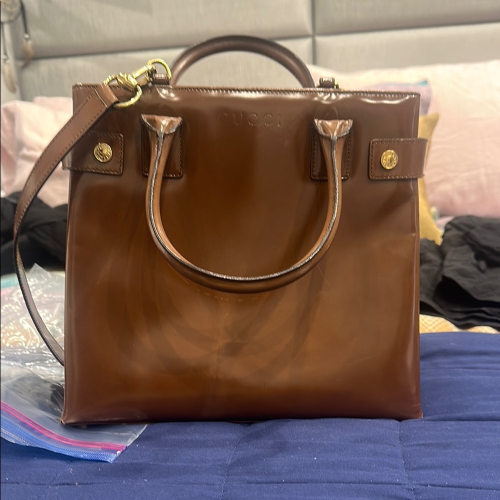 Gucci vintage Brown Leather Tote with Gold Hardware